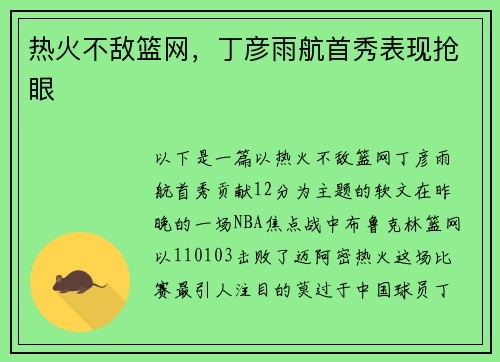 热火不敌篮网，丁彦雨航首秀表现抢眼